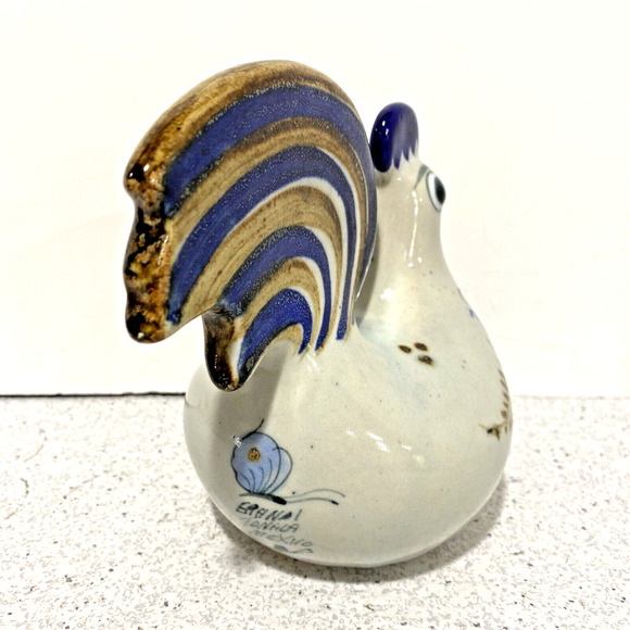 Vintage Tonala Art Pottery Chicken Bird Figure Figurine Blue Brown Green Floral - Picture 5 of 11